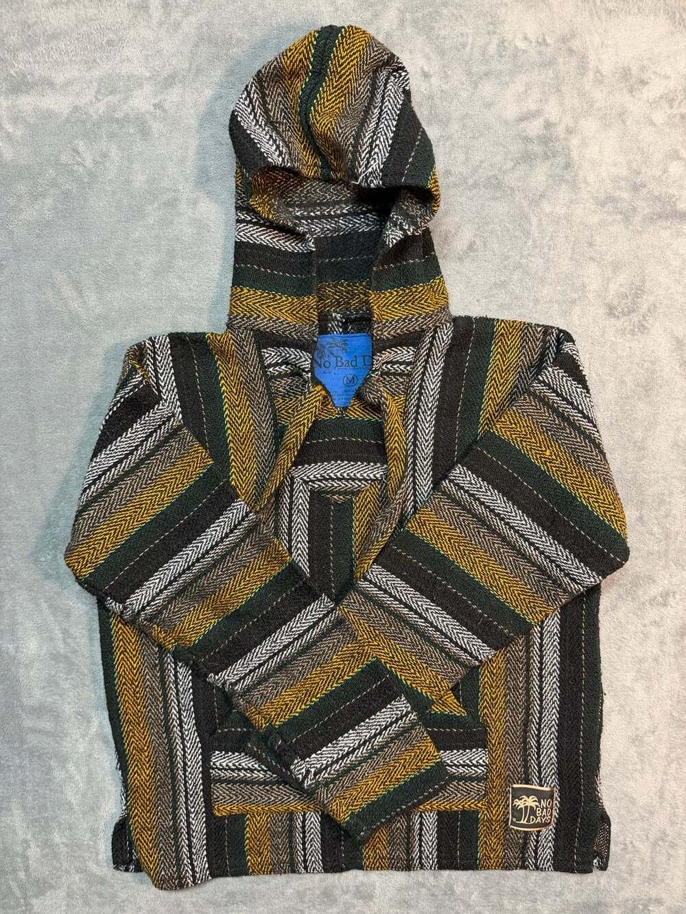 No Bad Days Striped Baja Hoodie Poncho Sweater Medium Black Yellow Green